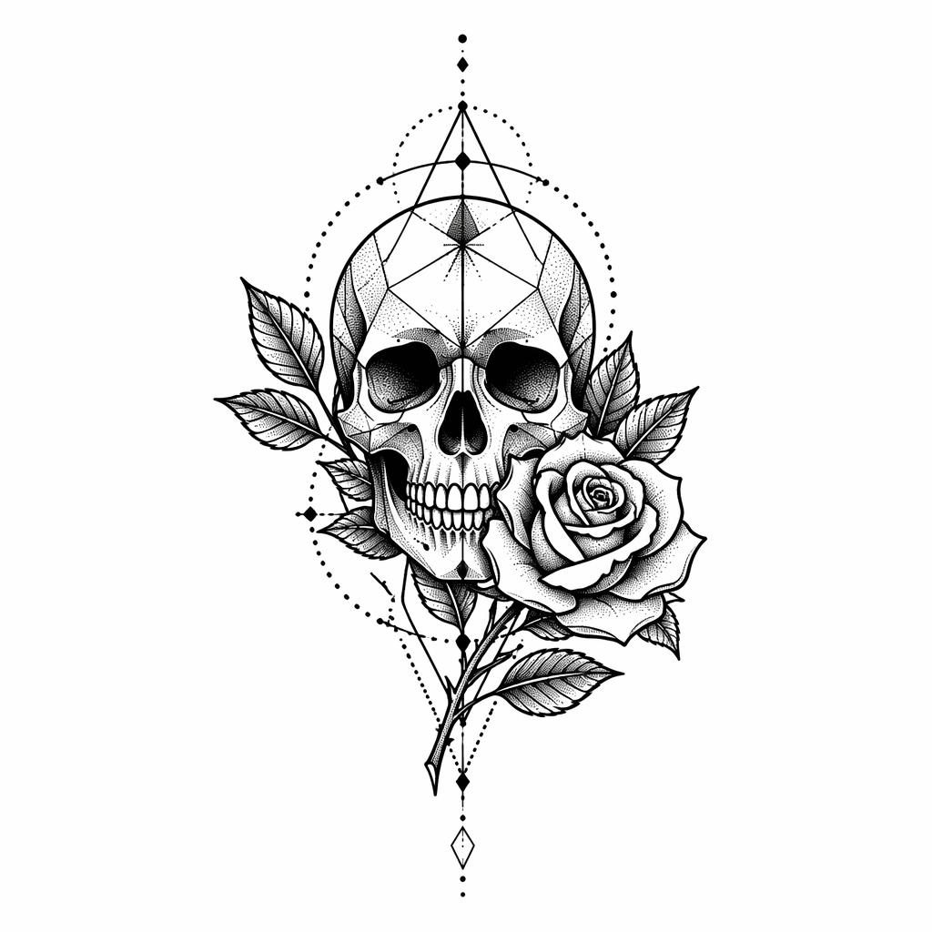 Tattoo-Design auf weißem Papier: traditioneller Skull mit Rose, geometrisch und in Dotwork, klare Linien, hoher Kontrast
