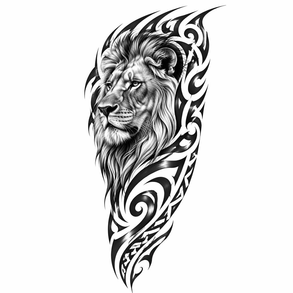 Tattoo-Design auf weißem Papier mit realistischem Löwenporträt im Tribal-Stil, kontrastreich und mit scharfen Linien.