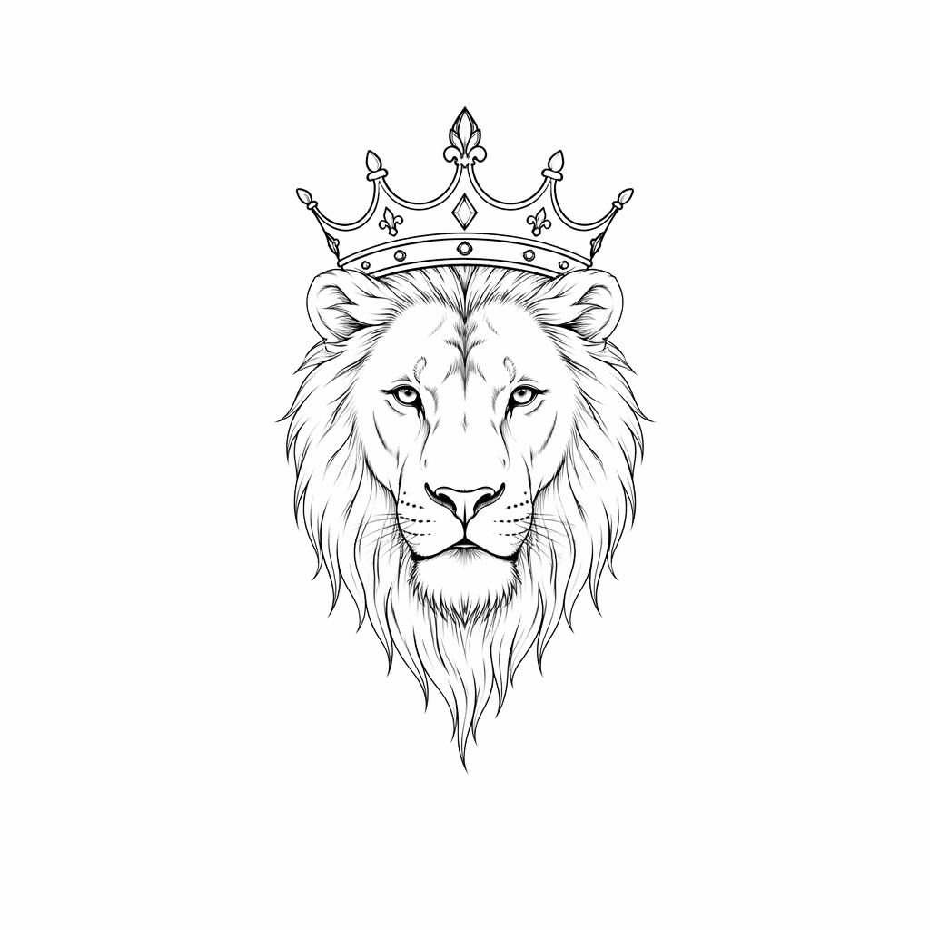 Fineline minimalist tattoo flash of a lion with a crown on white paper, sharp black lines, small forearm-style design.