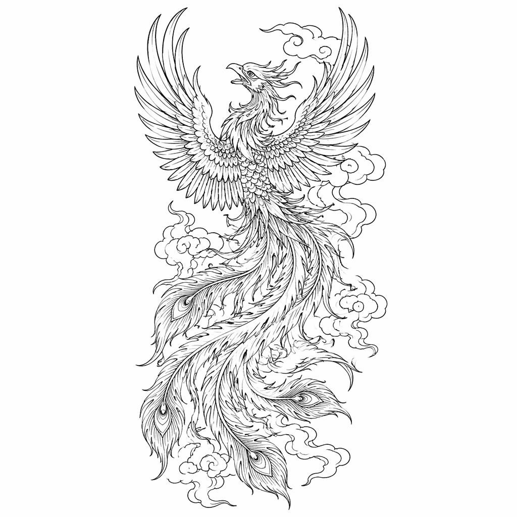 Black linework tattoo design of a Japanese phoenix back on white paper, flash-sheet style with sharp high-contrast lines.