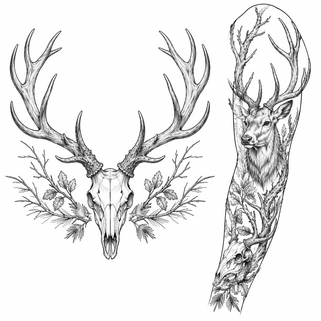 Linework-Tattoo-Design eines realistischen Hirschgeweihs auf weißem Papier, klar gezeichnet mit scharfen Linien.