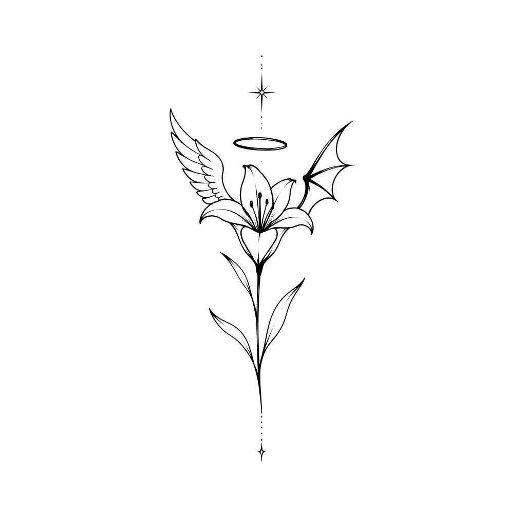 Minimalist fineline lily tattoo design on white paper in bold blackwork, tiny flash-sheet style with sharp high-contrast lines.