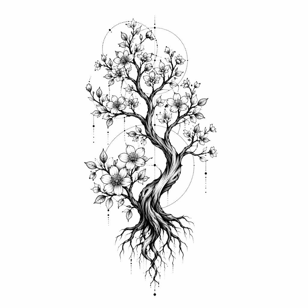 Tattoo-Design auf weißem Papier: schwarzer Blackwork-Dotwork-Baum als klare Flash-Sheet-Illustration