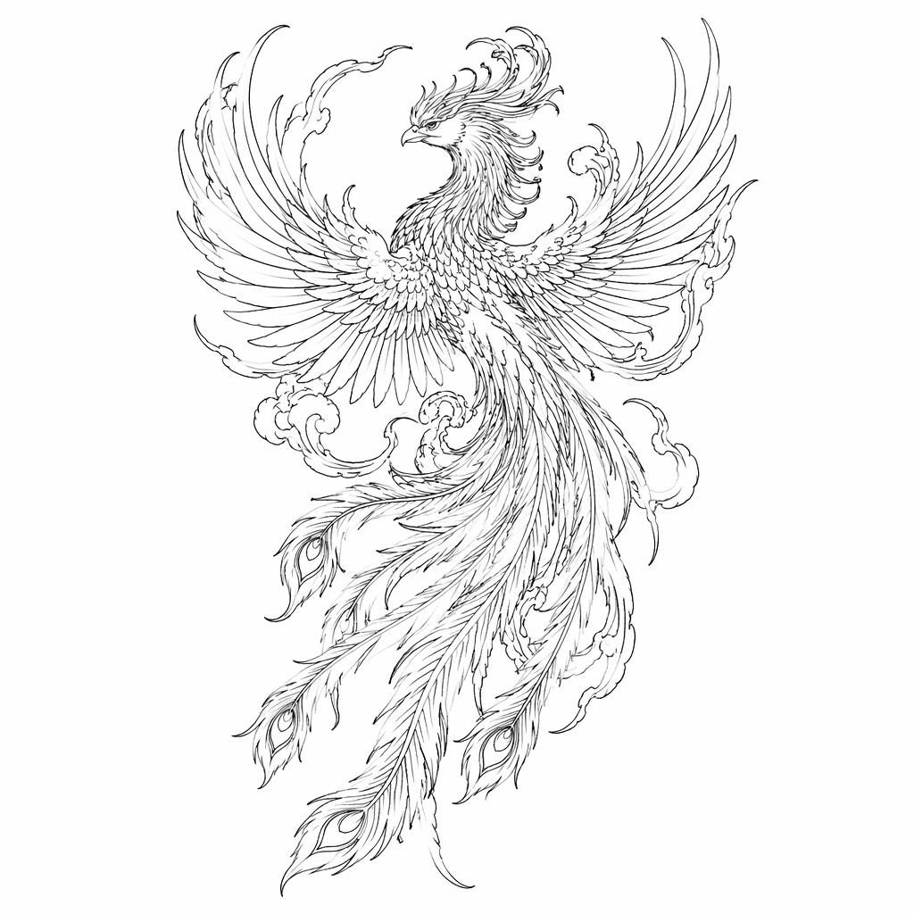 Fineline minimalist Japanese phoenix back tattoo design drawn on white paper with sharp black lines and flash-sheet style.