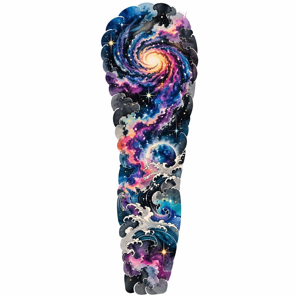 Tattoo-Design auf weißem Papier: abstrakte Aquarell-Galaxie im japanischen Irezumi-Stil, klare Linien, hoher Kontrast