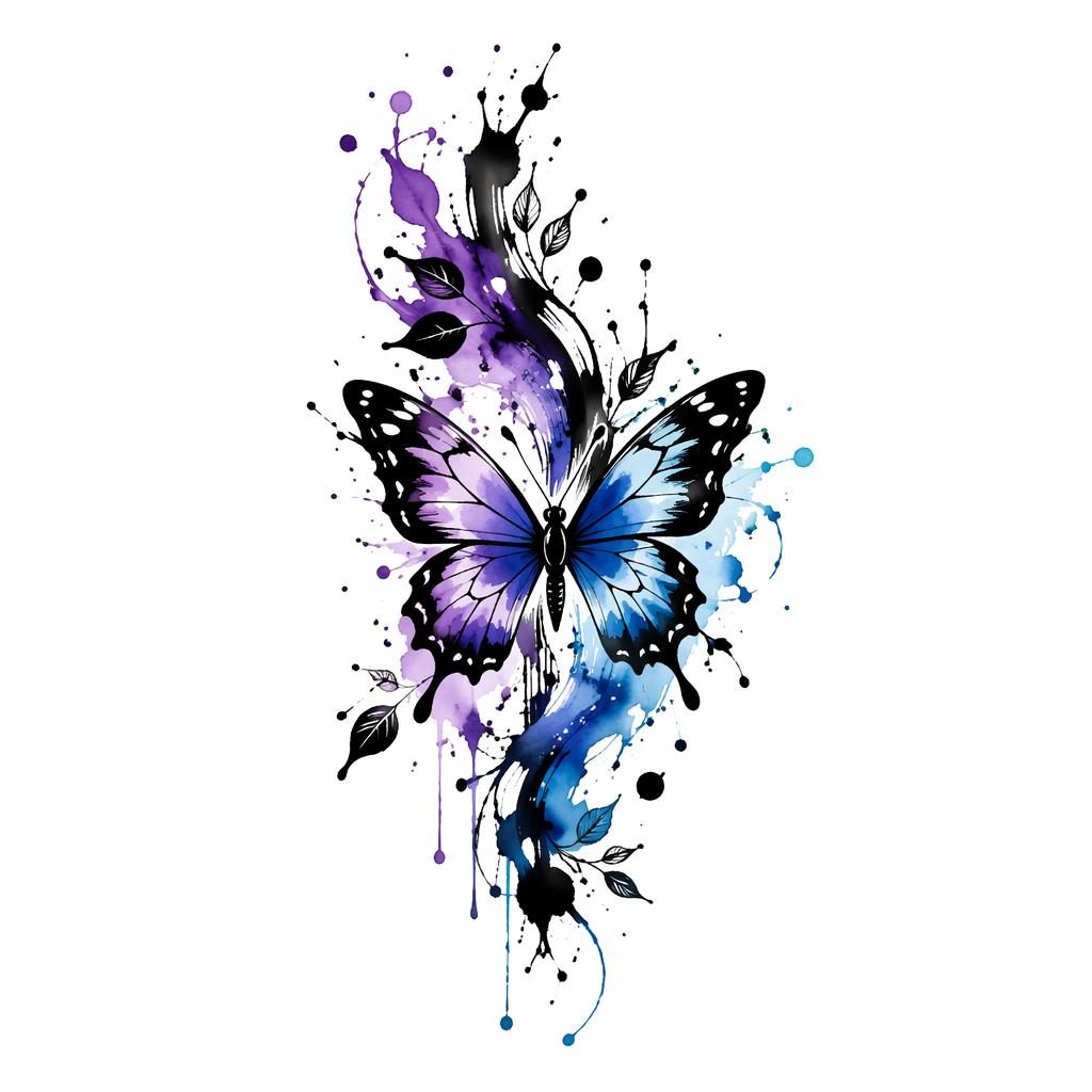 Tattoo-Design auf weißem Papier: Aquarell-Schmetterling als Splash in kräftigem Blackwork mit klaren Linien.