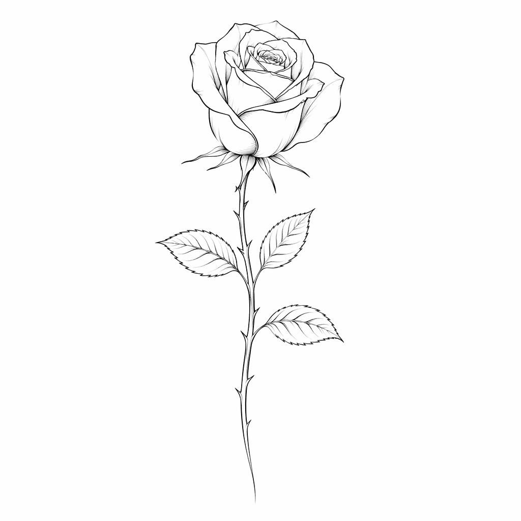 Minimalist fineline rose tattoo design sketched on white paper with sharp black linework on a plain background.