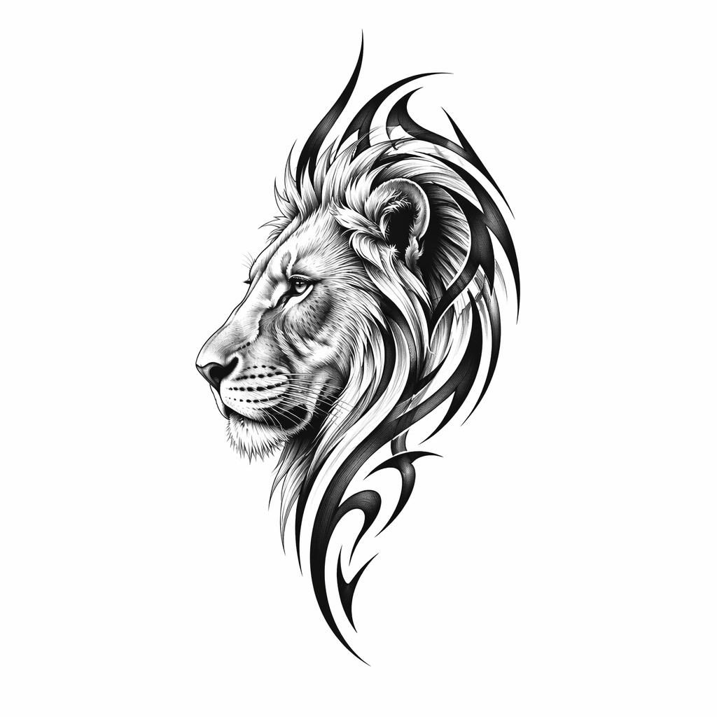 Clean tattoo flash illustration of a realism lion portrait in tribal style on white paper, high contrast with sharp lines.
