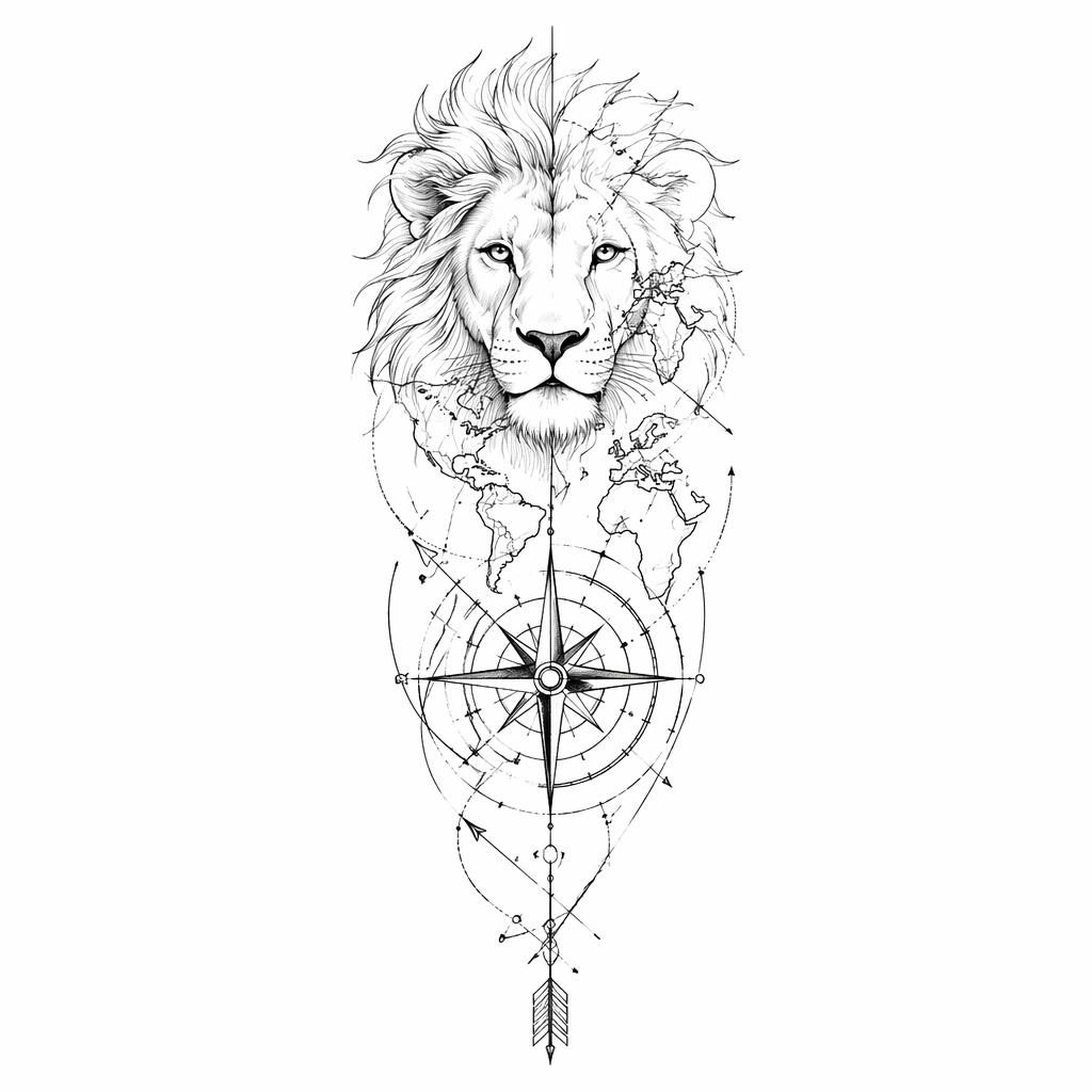 Fineline minimalist tattoo design on white paper showing a compass and map forearm concept with clean sharp lines