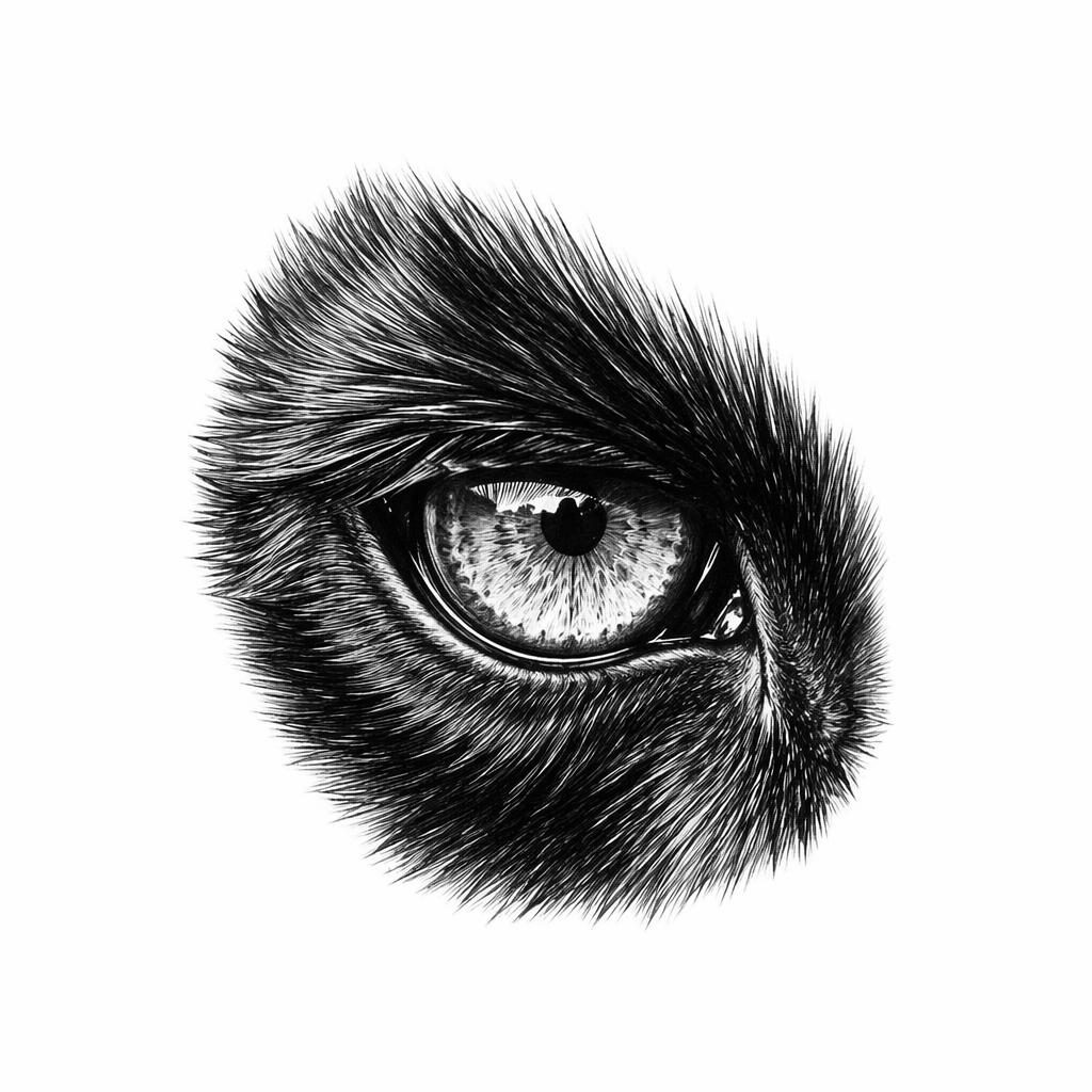 Fineline minimalist tattoo flash of a realistic eye macro on white paper, sharp black lines, plain white background.
