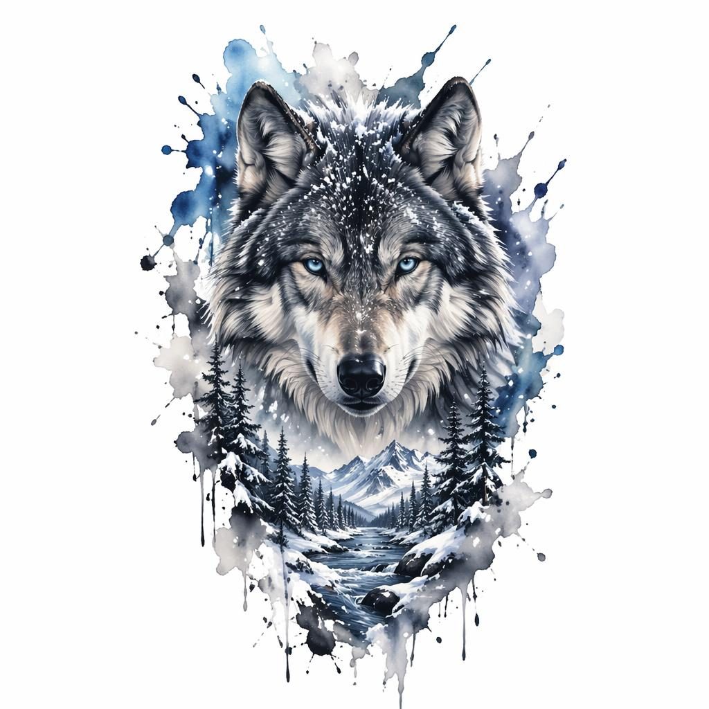 Tattoo flash concept of a realistic wolf in snow with watercolor splash accents on plain white paper background.