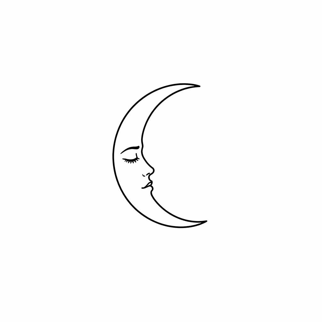 Minimalistischer Fineline-Halbmond als Tattoo-Design auf weißem Papier, klare Linien, hoher Kontrast, Flash-Sheet-Stil.