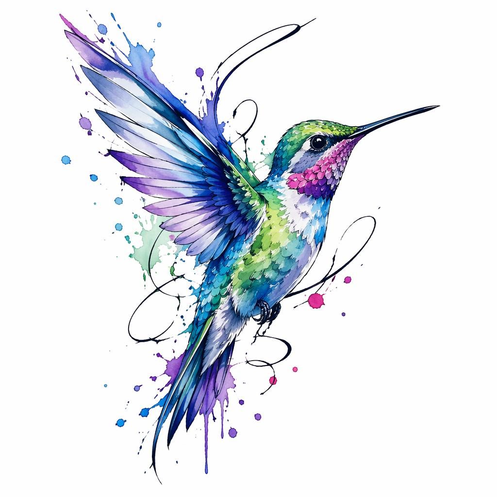 Tattoo-Design auf weißem Papier: Aquarell-Kolibri als Flash-Sheet-Illustration mit klaren Linien und hohem Kontrast.