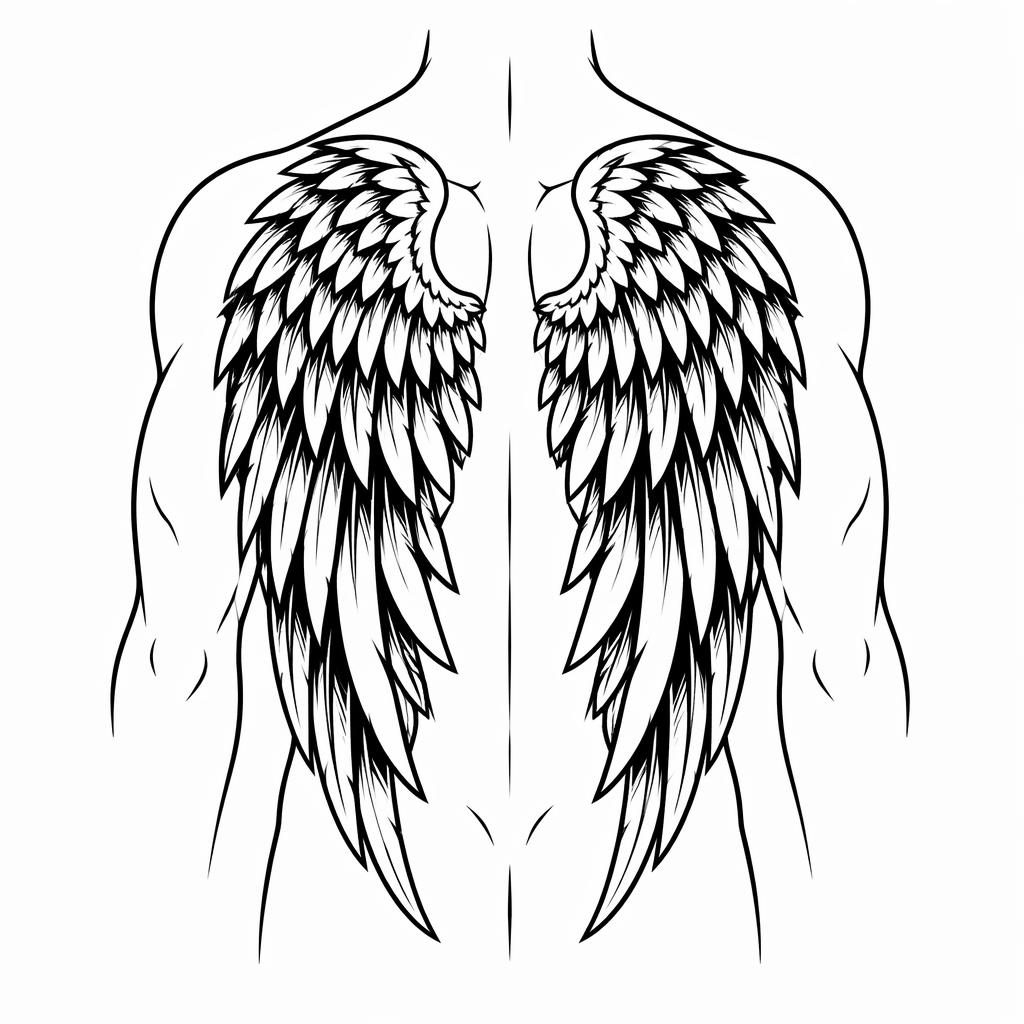 Schwarzes Blackwork-Tattoo-Flashmotiv mit Engelsflügeln auf weißem Papier, klare Linien, hoher Kontrast
