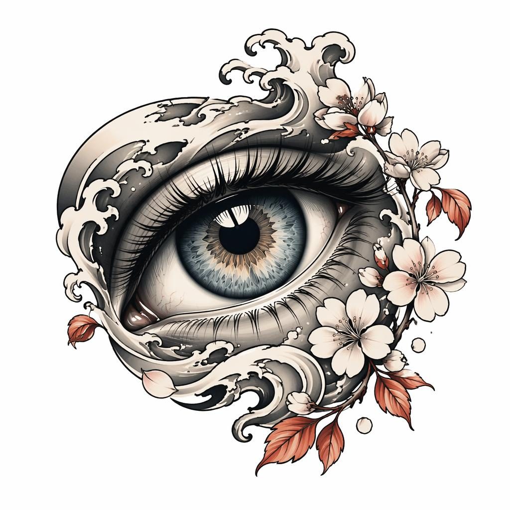 Tattoo-Design auf weißem Papier: realistisches Makro-Auge im japanischen Irezumi-Stil, klare Linien, hoher Kontrast