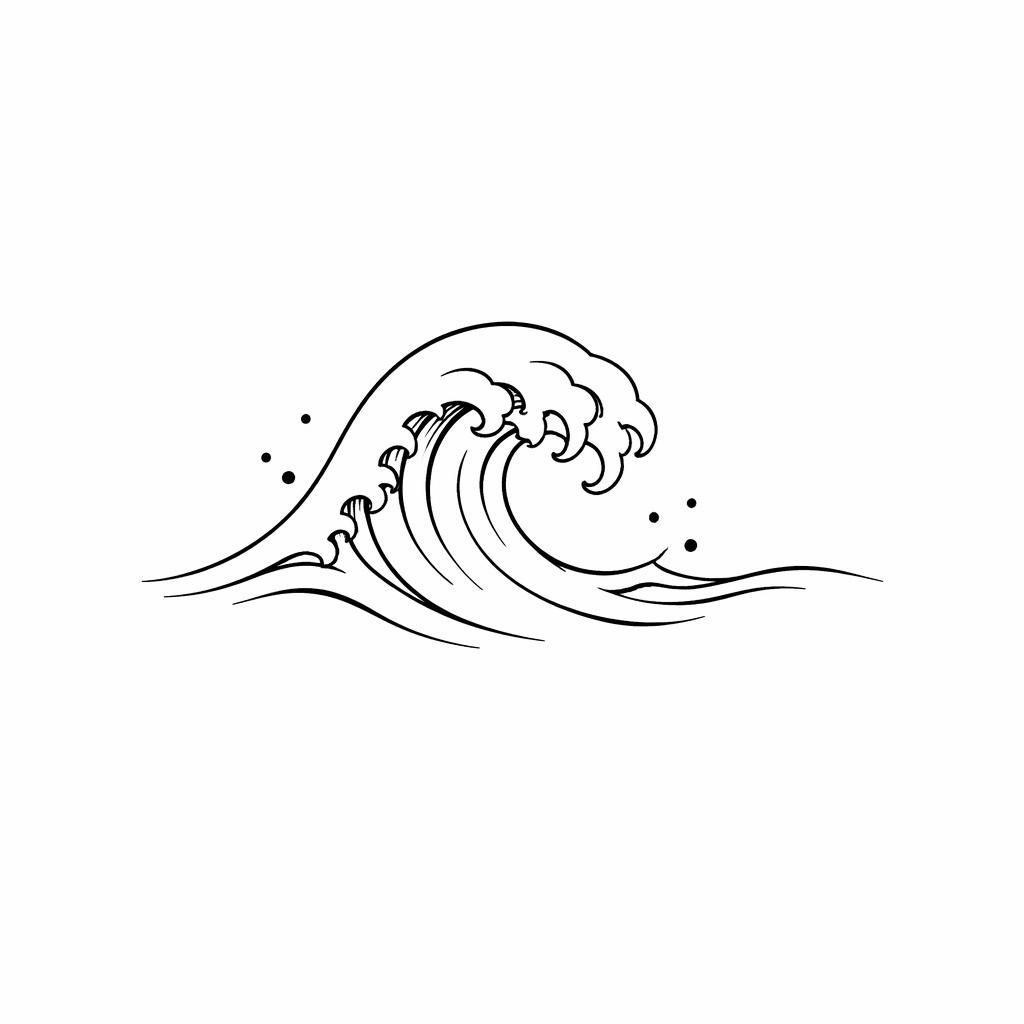 Diseño de tatuaje de ola minimalista fineline en papel blanco, estilo tradicional americano, líneas negras nítidas.