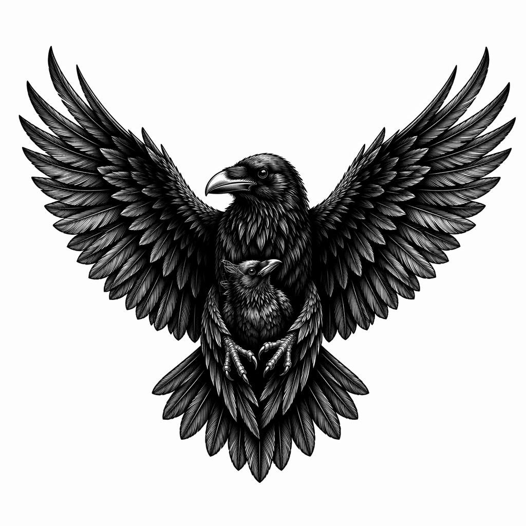 Diseño de tatuaje en papel blanco de un cuervo blackwork con alas abiertas, líneas nítidas y alto contraste.