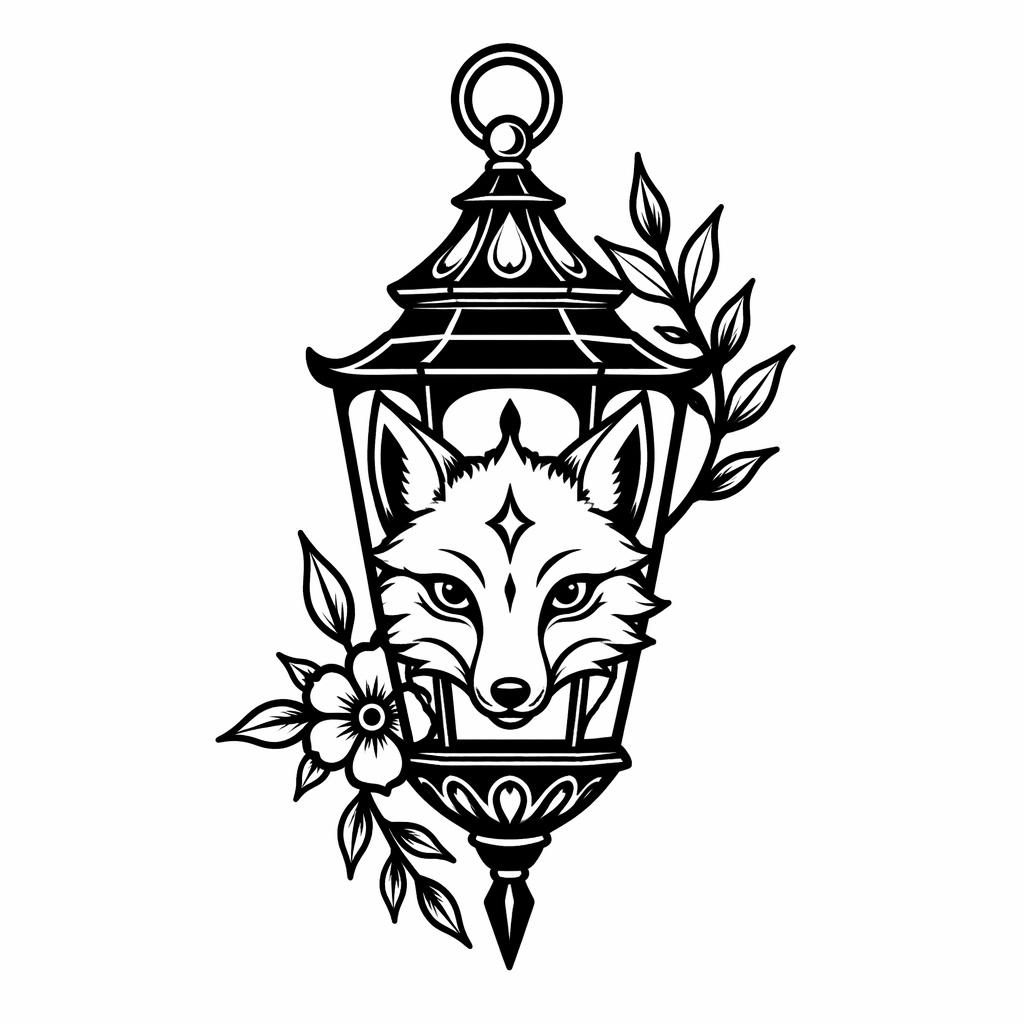 Diseño de tatuaje en papel blanco de un zorro farol neo tradicional en blackwork, pequeño, de alto contraste.