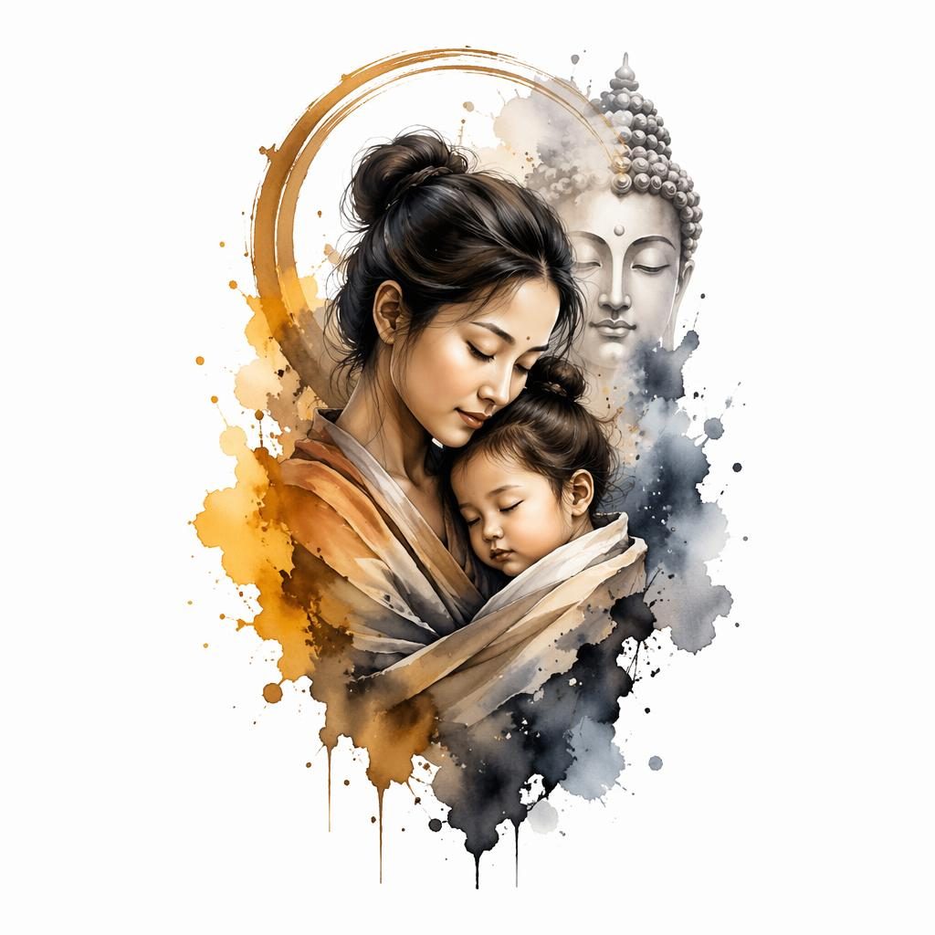 Tattoo-Entwurf auf weißem Papier: realistisches Mutter-Kind-Porträt mit Aquarell-Splash, klare Linien, Flashsheet-Stil