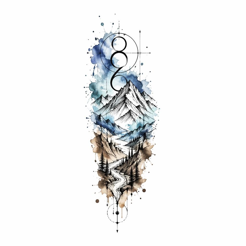 Tattoo-Design auf weißem Papier mit Bergkette als feine Linework und Aquarell-Splash im Flash-Sheet-Stil