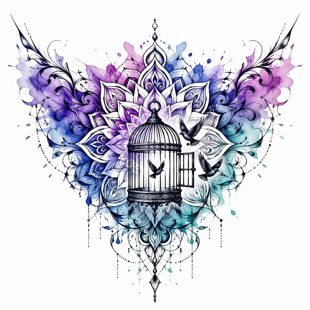 Mandala-Bruststück als Tattoo-Design auf weißem Papier, mit Aquarell-Splash, scharfen Linien und hohem Kontrast.