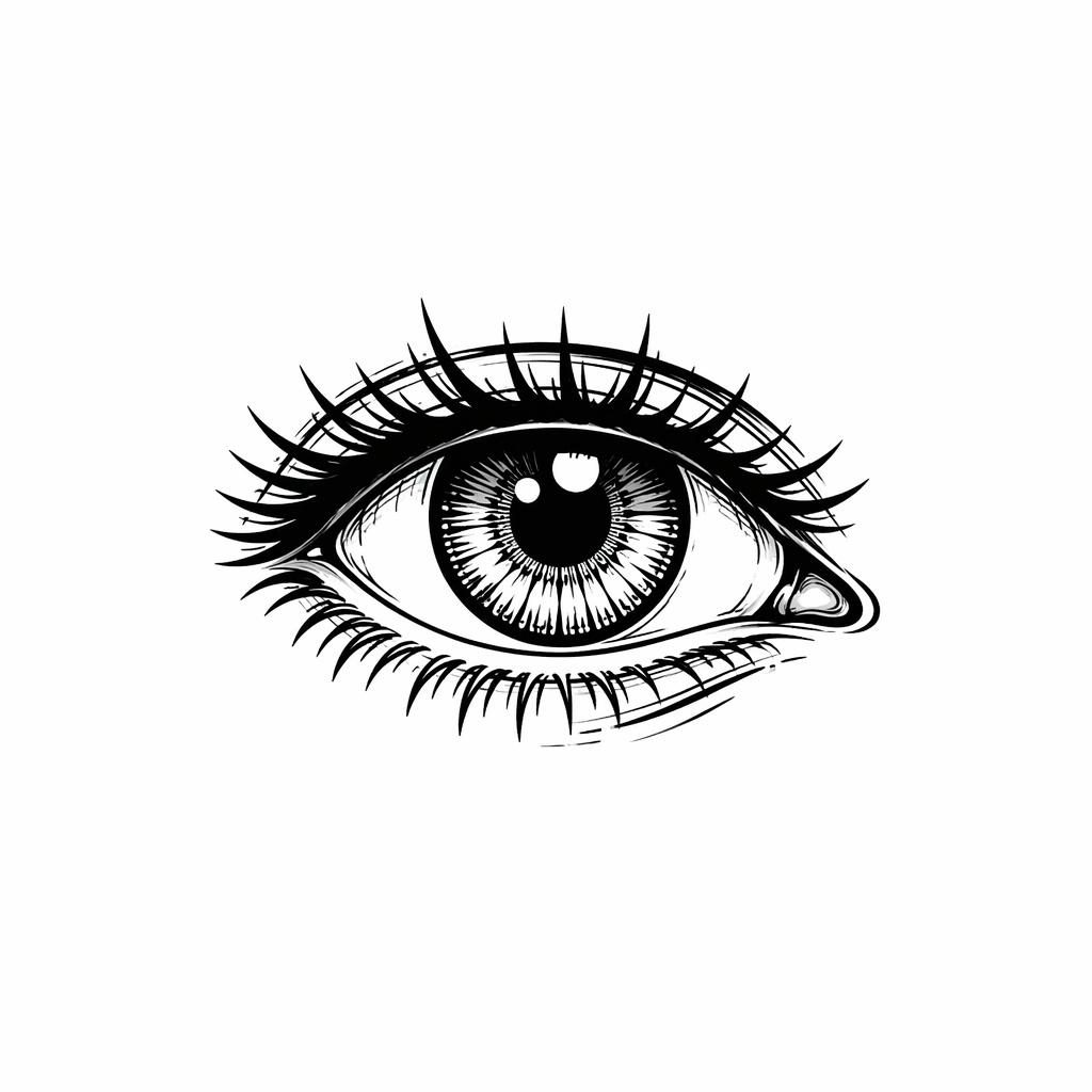 Tiny traditional American tattoo flash of a realism eye macro on white paper, black ink, sharp lines, plain white background.