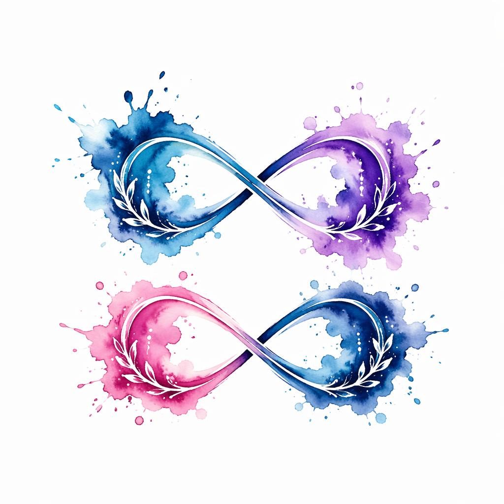 Tattoo-Design auf weißem Papier: passendes Unendlichkeitsmotiv für Paare im Aquarell-Splash-Stil, klare Linien.