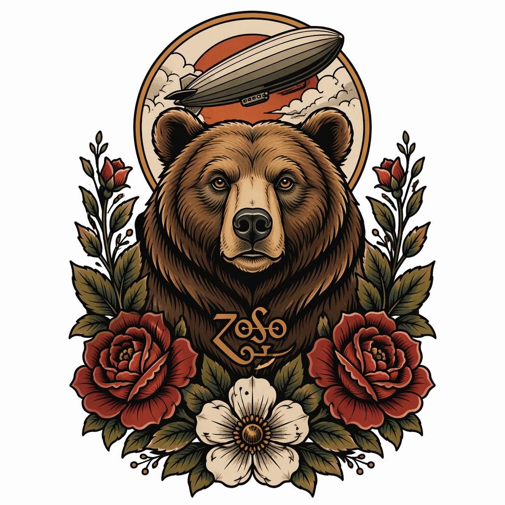 Neo-traditional bear floral tattoo design on white paper with bold lines, high contrast, and clean flash-sheet style.