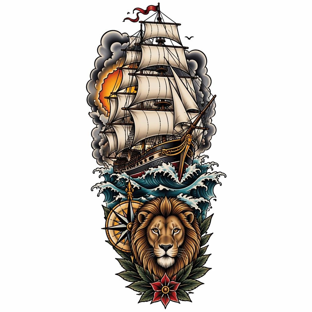 Diseño de tatuaje de barco de velas neo-tradicional en papel blanco, líneas nítidas, alto contraste y estilo flash