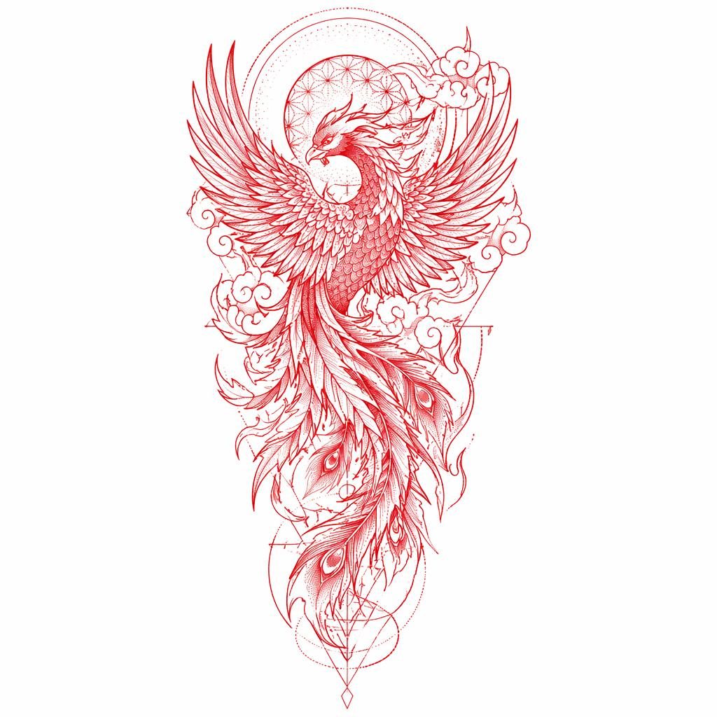 Geometric dotwork Japanese phoenix tattoo design on white paper for an upper arm full sleeve panel, clean flash-sheet linework.