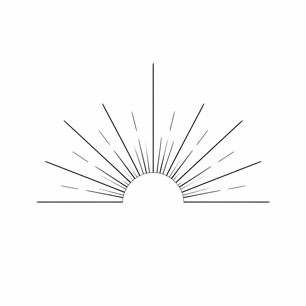 Minimalist fineline sun rays tattoo design drawn on white paper with sharp black lines and clean flash-sheet style.