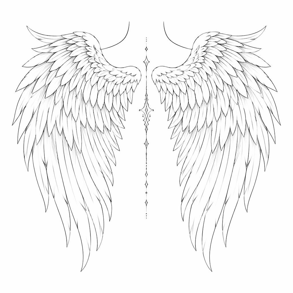 Filigranes Tattoo-Design mit Engelsflügeln als klare Fineline-Illustration auf weißem Papier, kontraststark und ohne Schattierung.
