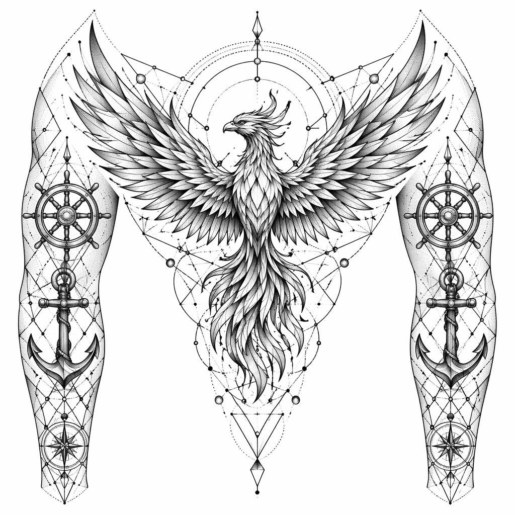 Diseño de tatuaje en papel blanco de un fénix ascendente estilo geométrico y dotwork, líneas nítidas y alto contraste.