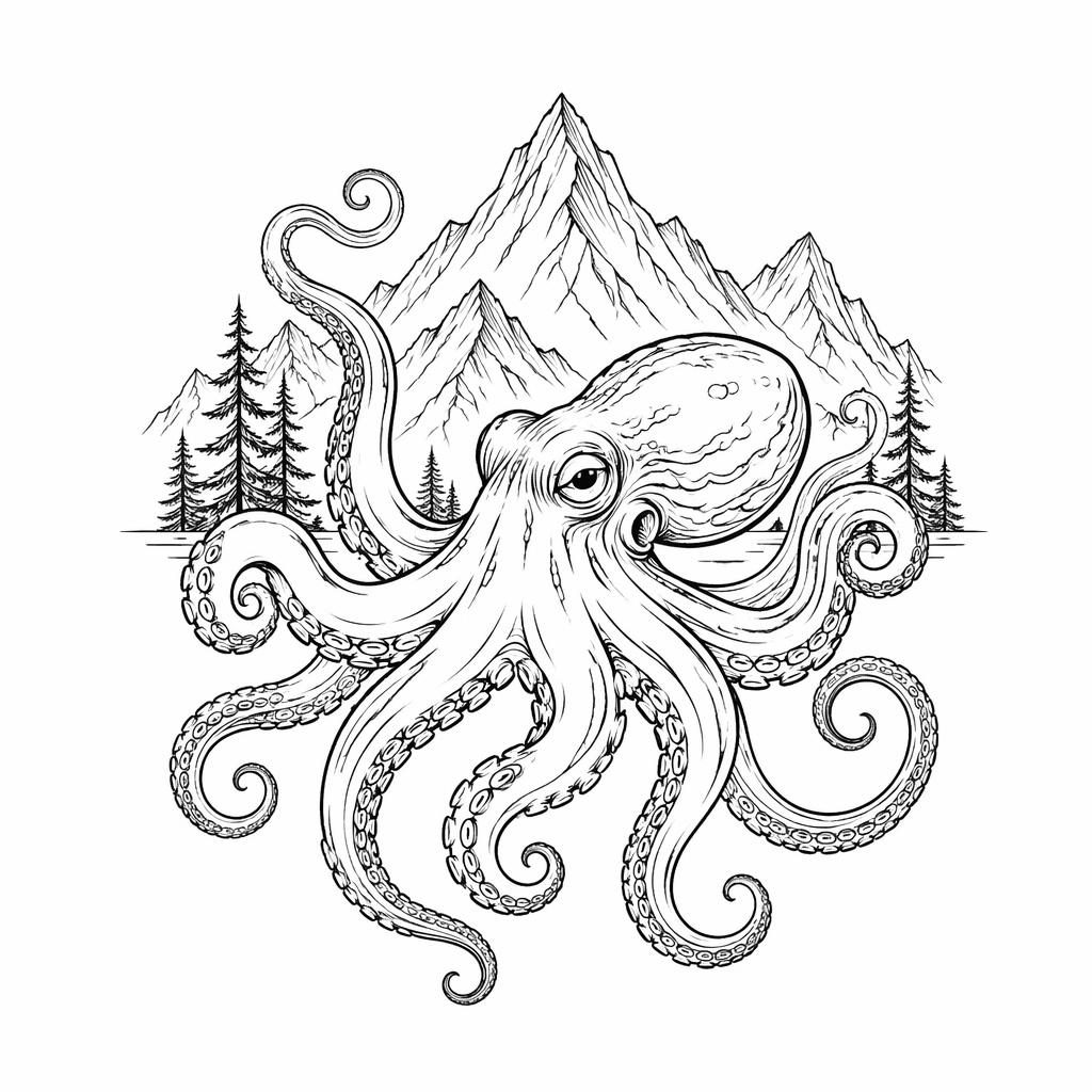 Fineline minimalist neo traditional octopus tattoo design on white paper, sharp black lines, flash-sheet style.