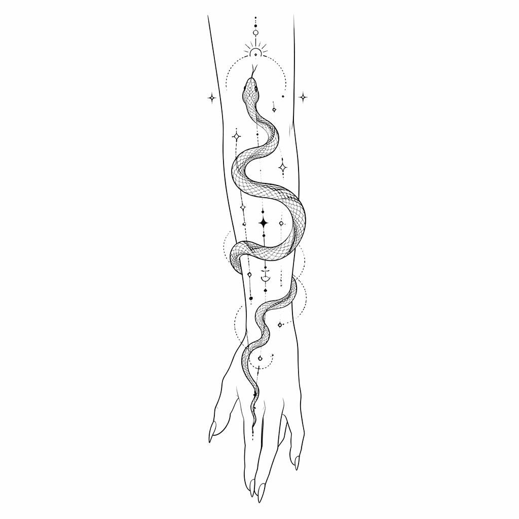 Black linework tattoo concept of a snake winding along an arm guide on white paper, clean flash-sheet style.