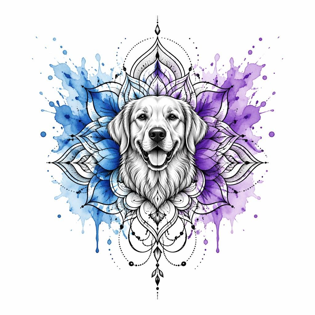 Diseño de tatuaje mandala en papel blanco, estilo acuarela splash, líneas nítidas y alto contraste.
