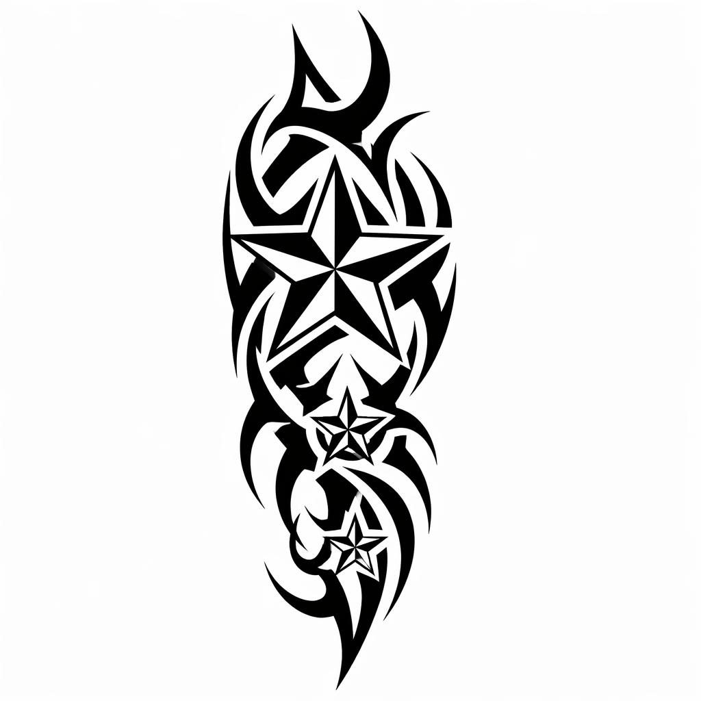 Tribal-Blackwork-Tattoo mit Sternenmotiv auf weißem Papier, als sauberes Unterarm-Flashdesign mit scharfen Linien.