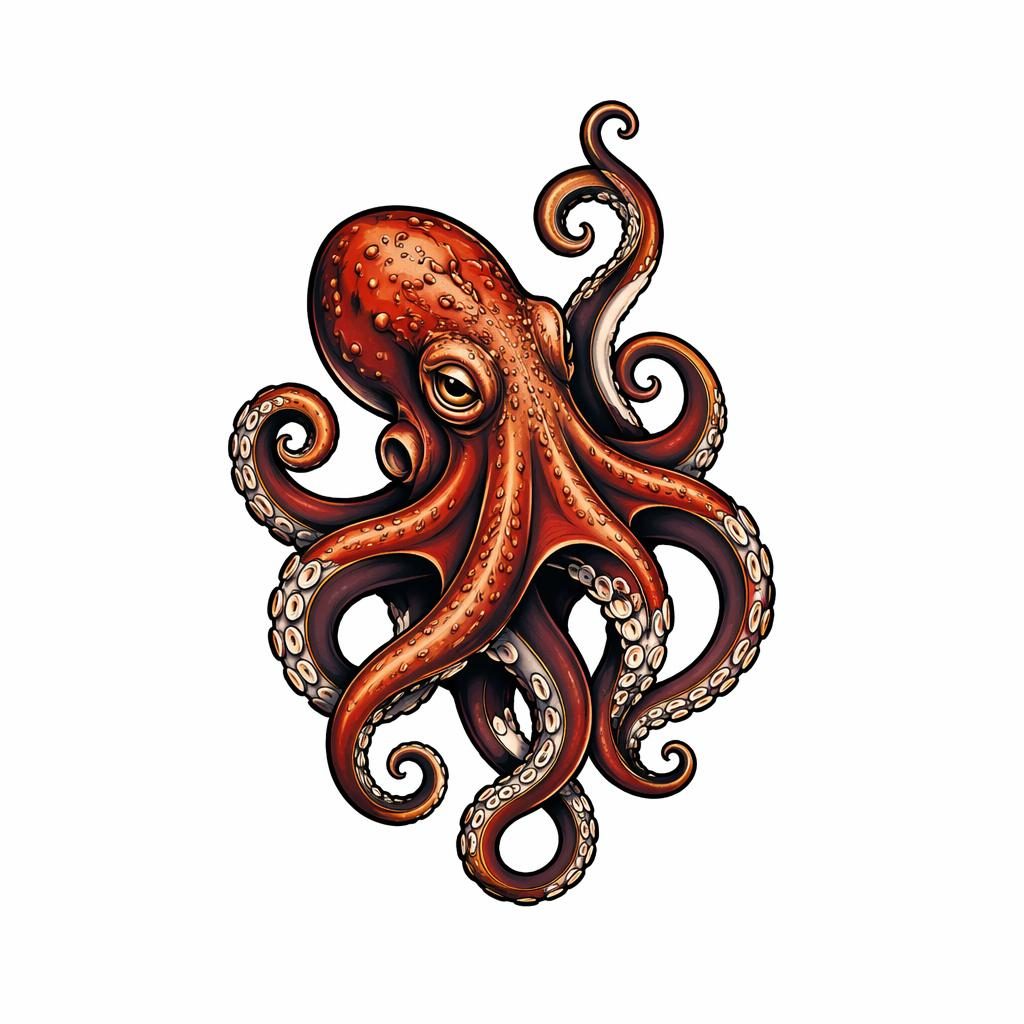 Neo-traditionelles Oktopus-Tattoo als Flash-Design auf weißem Papier, kontraststark, mit scharfen Linien.