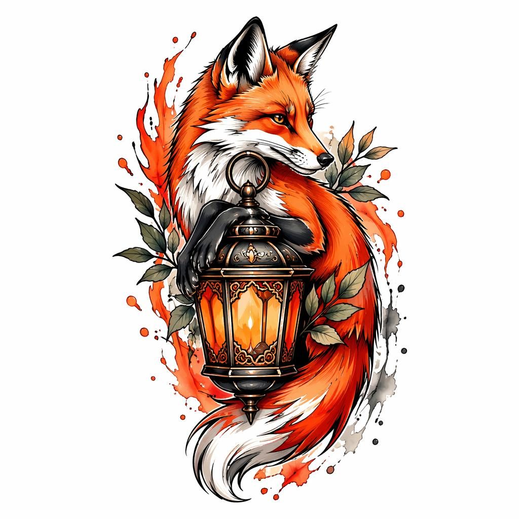Diseño de tatuaje en papel blanco con zorro neo tradicional y linterna, salpicaduras de acuarela, líneas nítidas.