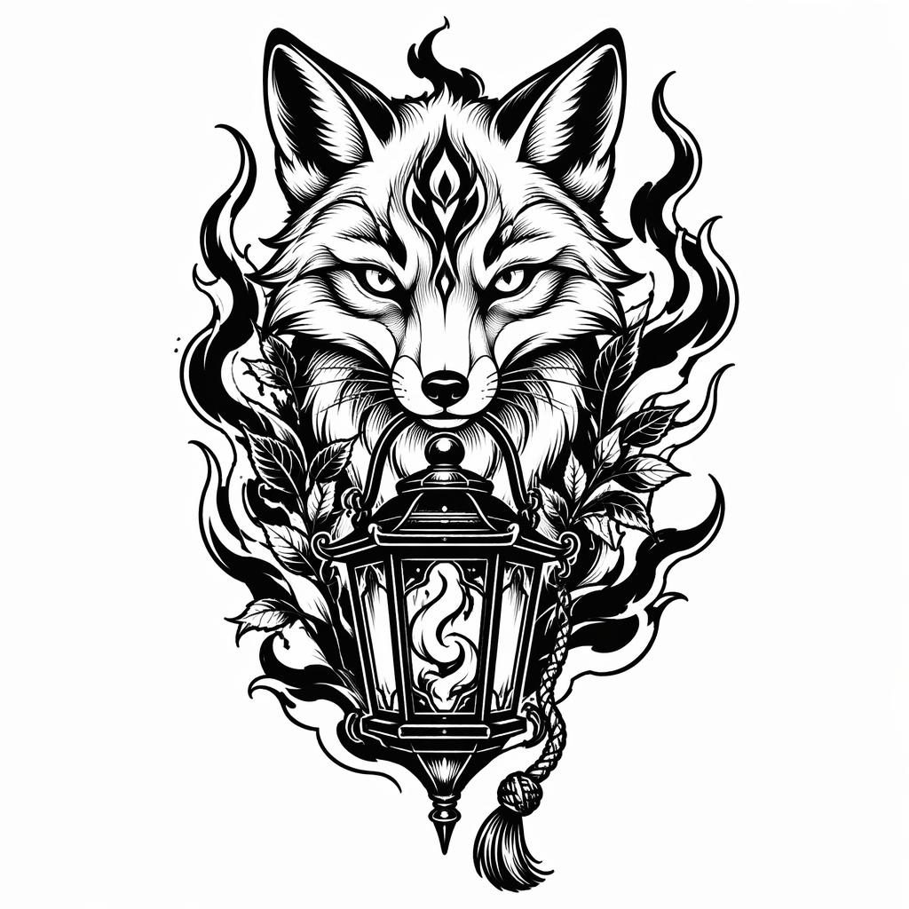 Tattoo-Design auf weißem Papier: neo traditionelle Fuchs-Laterne in Blackwork mit kräftigen Linien, hoher Kontrast