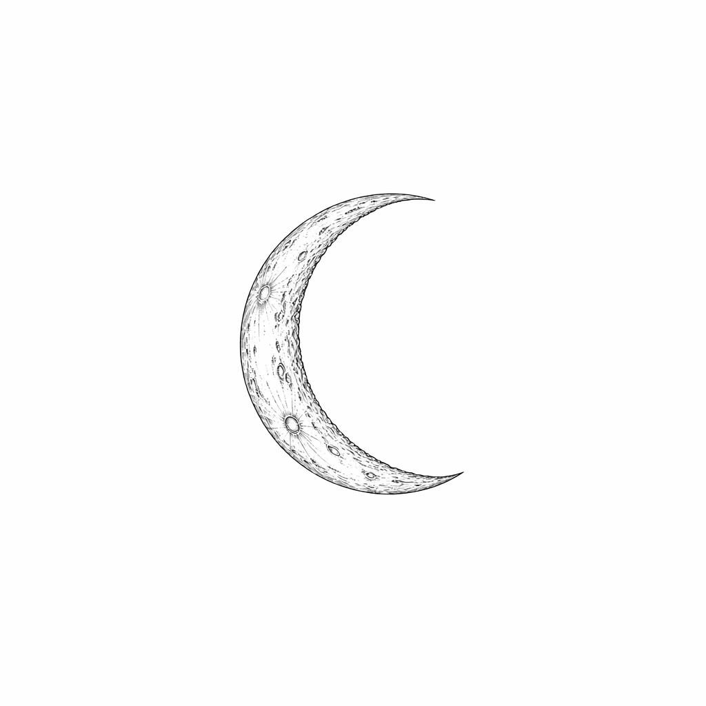 Minimalist fineline crescent moon tattoo design drawn on white paper with sharp high-contrast lines and clean flash-sheet style.