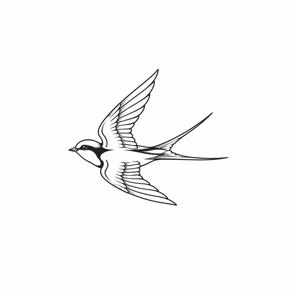 Fineline minimalist swallow chest tattoo design on white paper, sharp black lines, flash-sheet style, no shading.