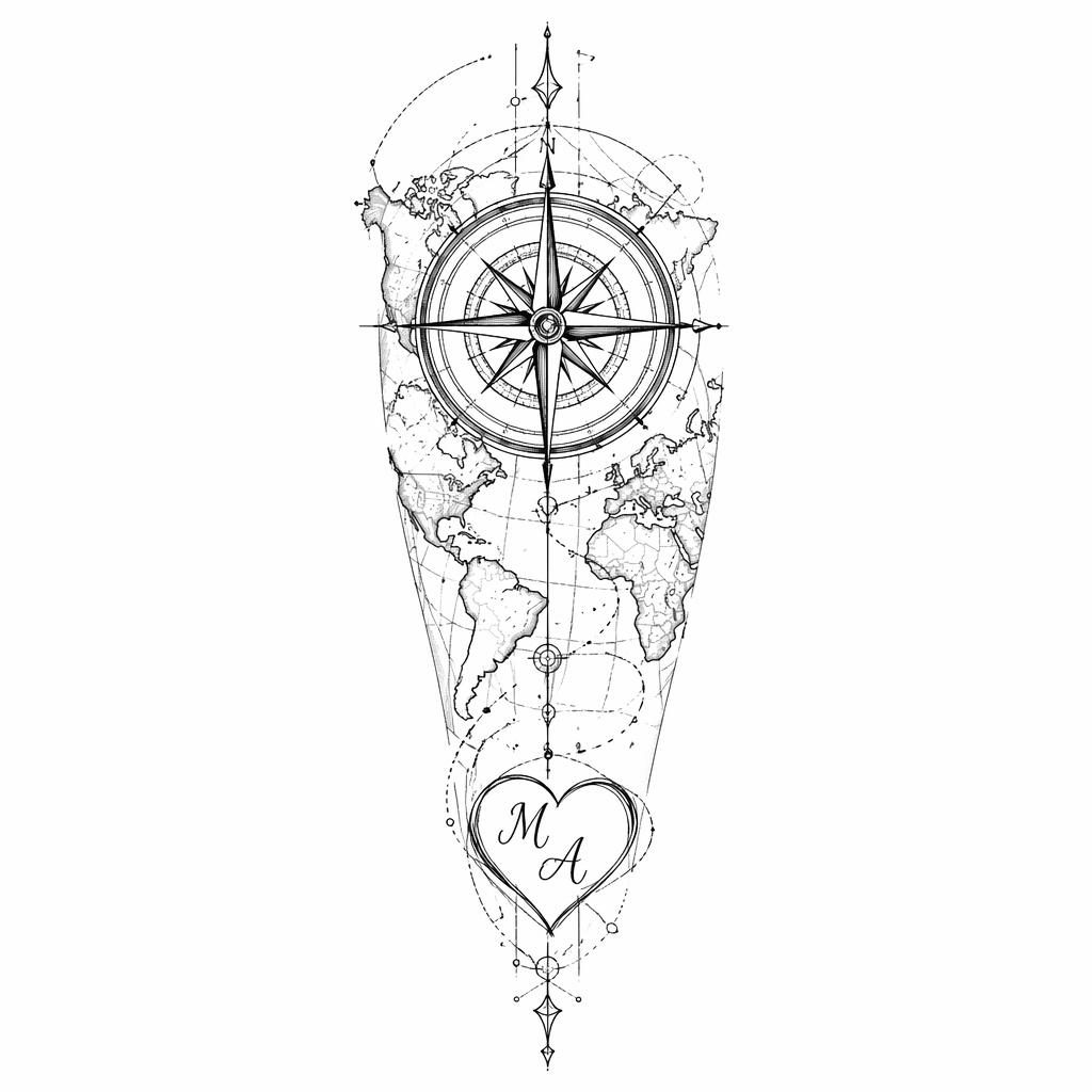 Fineline-Tattooentwurf auf weißem Papier mit Kompass- und Kartenmotiv, klare Linien, Flashsheet-Stil.