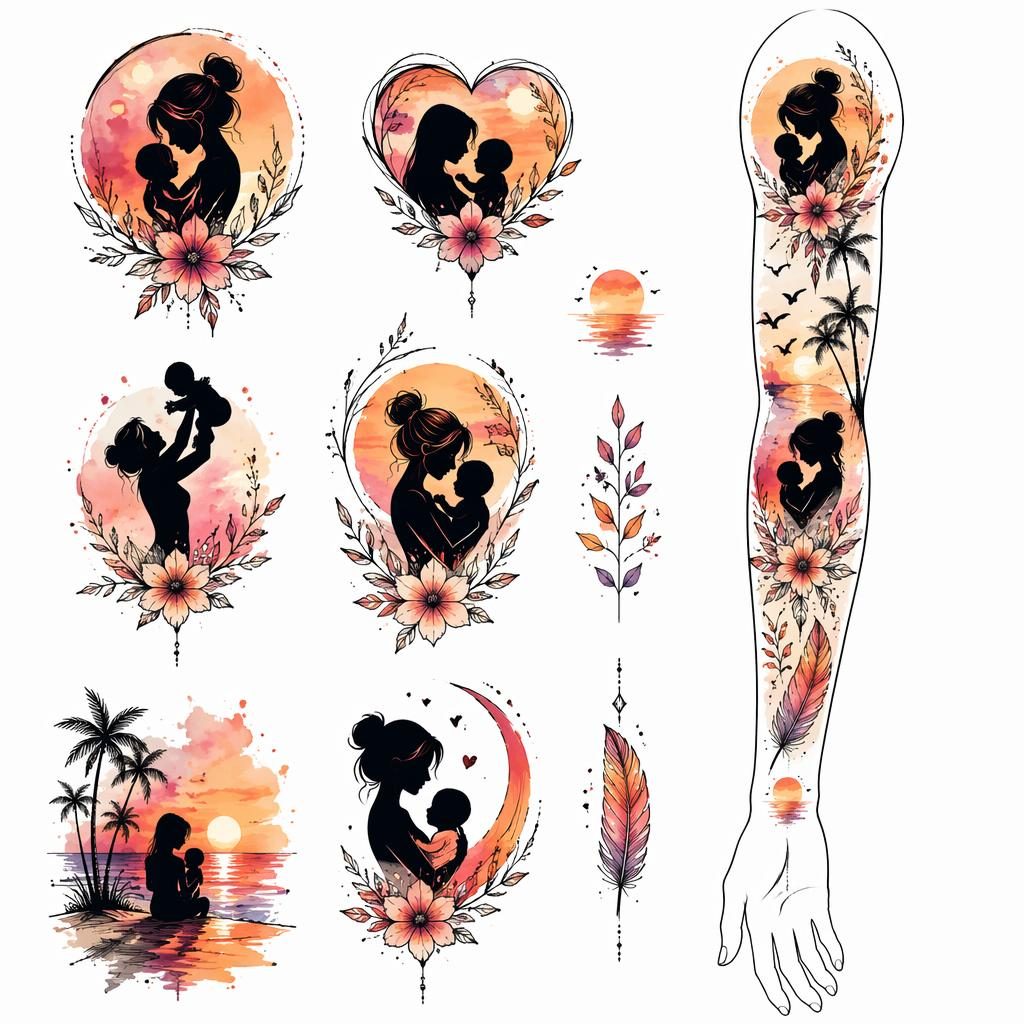 Diseño de tatuaje en papel blanco con silueta de mamá y bebé, línea fina y paleta acuarela sunset, estilo flash.