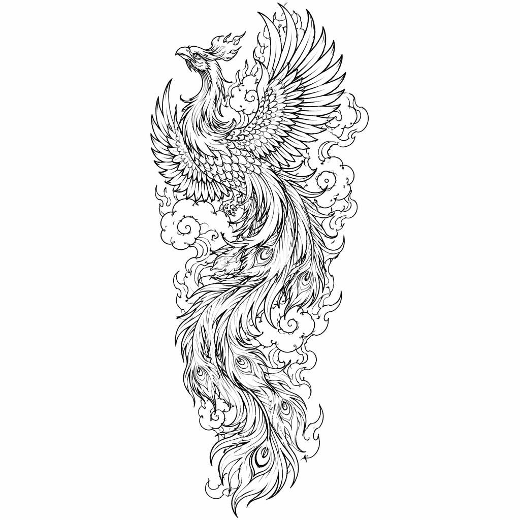 High-contrast tattoo flash design of a Japanese phoenix back concept on white paper with sharp script-style lines.