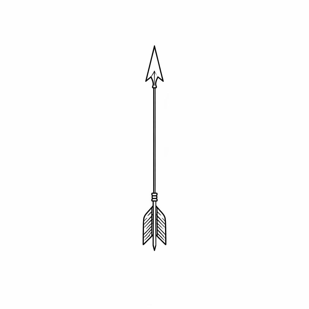 Concept de tatouage flèche minimaliste fineline sur papier blanc, style american traditional, traits nets et contraste fort.