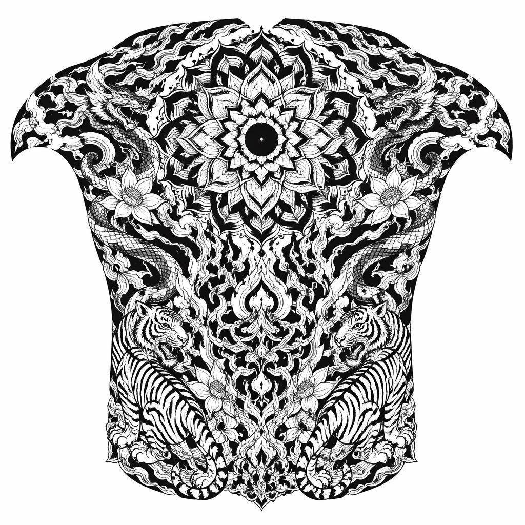 Blackwork mandala back tattoo flash design on white paper with sharp lines and clean high-contrast detail.