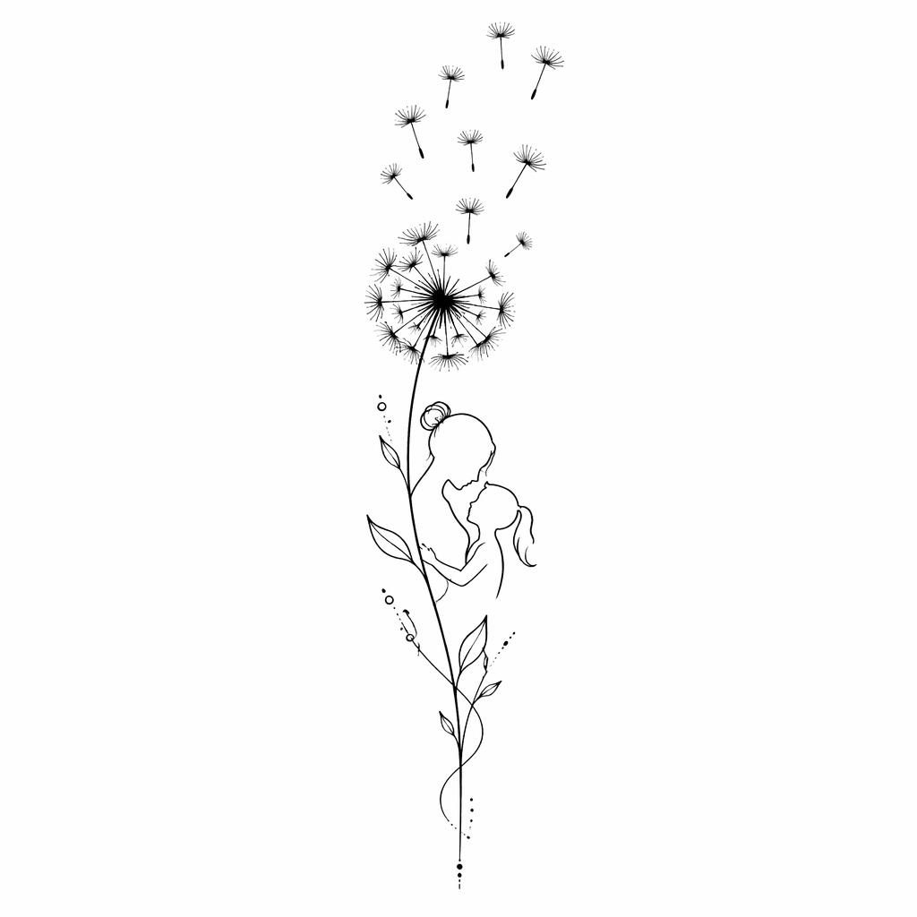 Diseño de tatuaje en papel blanco con diente de león minimalista en fineline negro, líneas nítidas y alto contraste.
