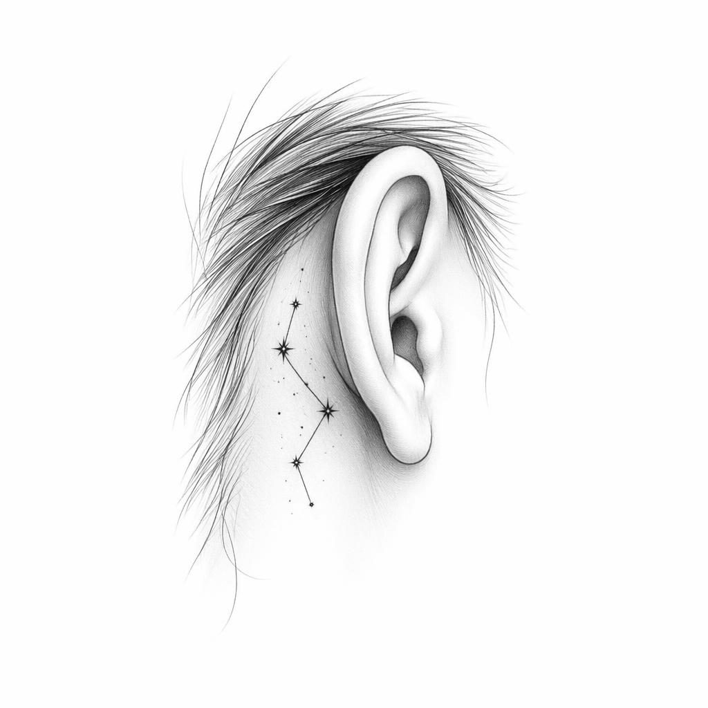 Tattoo-Design auf weißem Papier: kleines Sternbild hinter dem Ohr, klare Linien, hoher Kontrast, Flash-Sheet-Stil