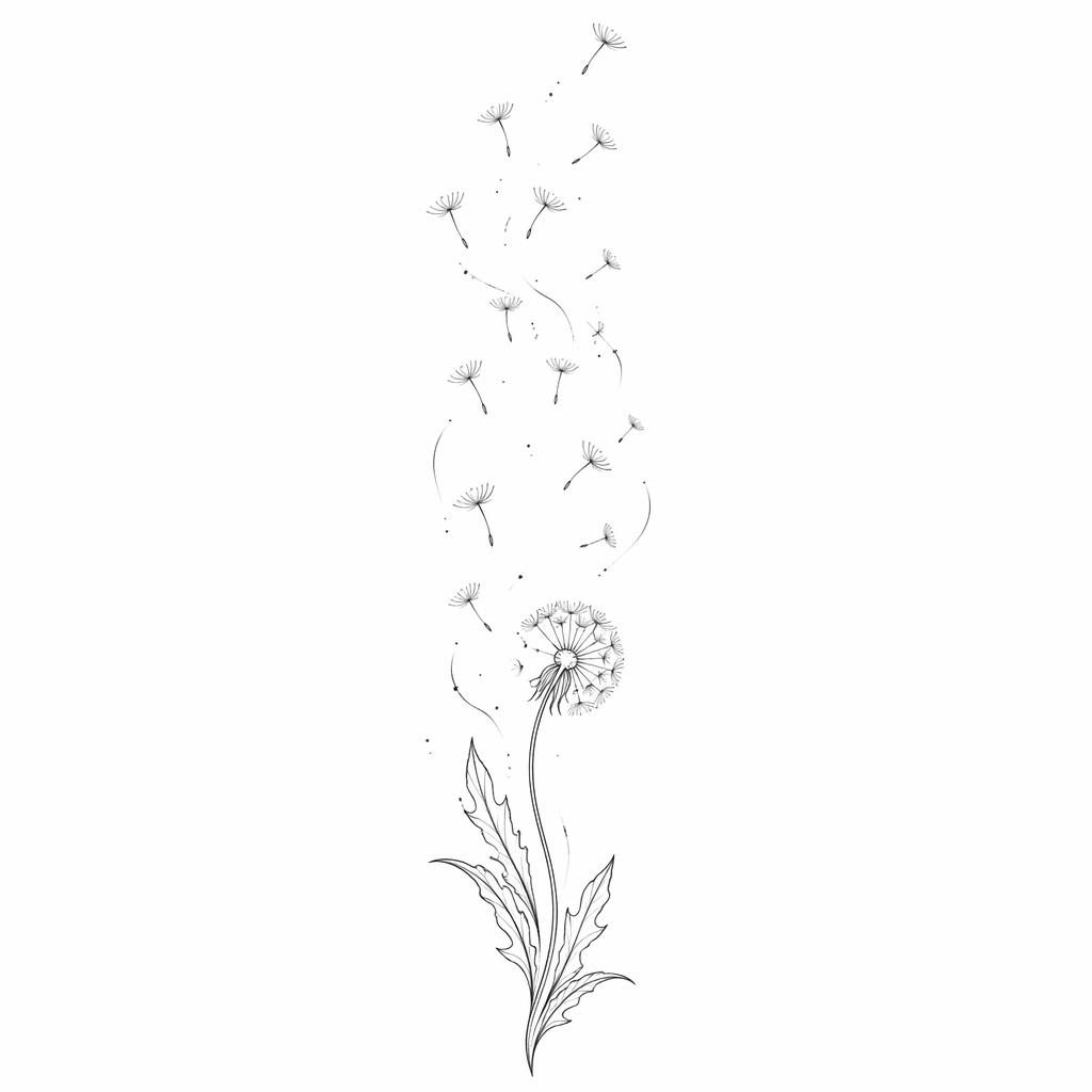 Diseño de tatuaje en papel blanco con diente de león fineline minimalista en linework negro y fondo blanco limpio.